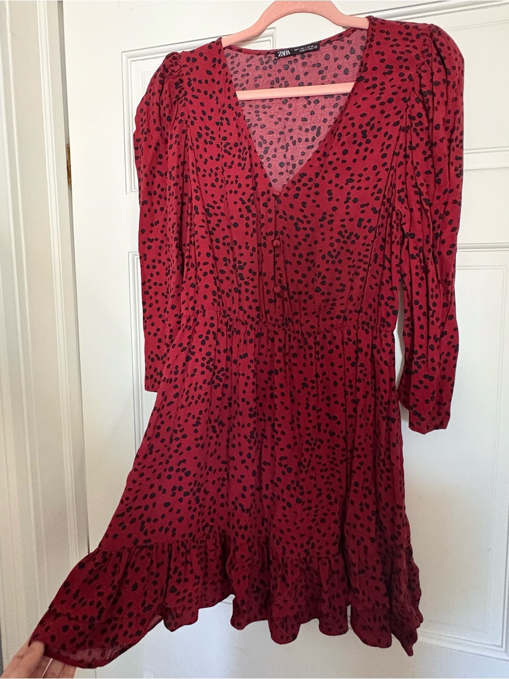 Zara Burgundy Red V-Neck Long Sleeve Dress with Black Spot Print